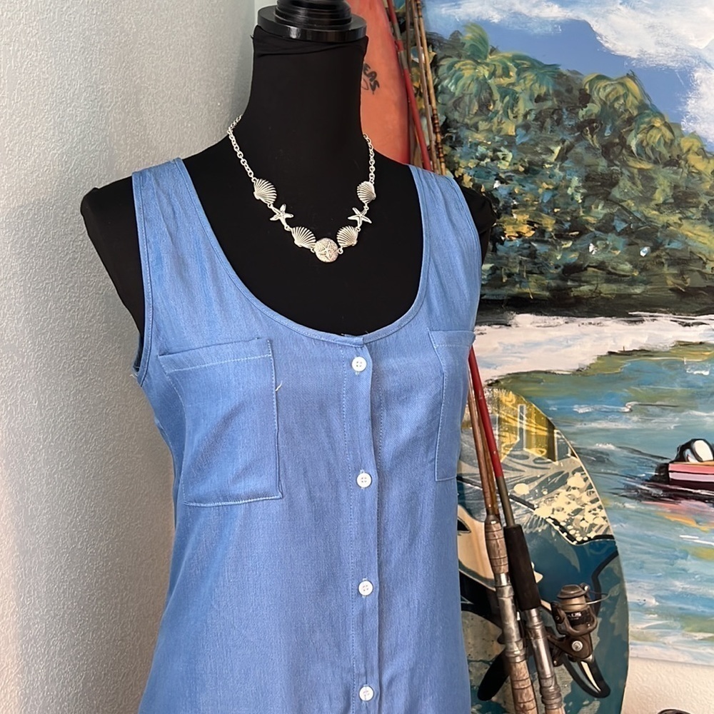 ⭐️Misslook, Soft Blue Casual Dress, Breast Pockets, Button-Front, Like New, M - Picture 3 of 12